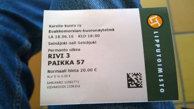 Karjalaiset kesäjuhlat Seinäjoella 17-19.06.2016
Evakkomorsian kuoronäytelmän lippu 
