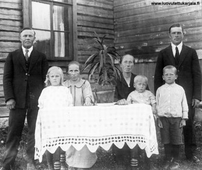 Veljekset Nikolai (vas) ja Fredrik (oik) Valtonen silloisine perheineen Kuolemajärven Viuhkolan kylässä vuonna  1924. 
