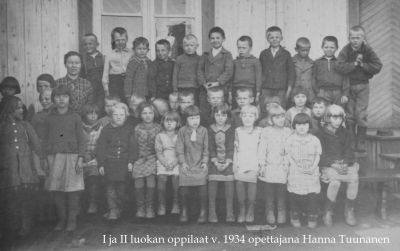 I ja II luokan oppilaat 1934
opettajana Hanna Tuunanen
äitini, Mirjam, kuvassa keskellä
