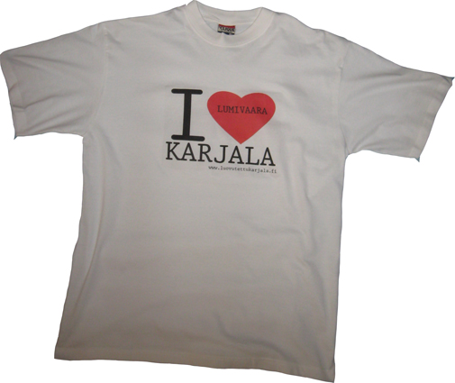 I Love Karjala T-paita missä sydämen sisällä pitäjän nimi